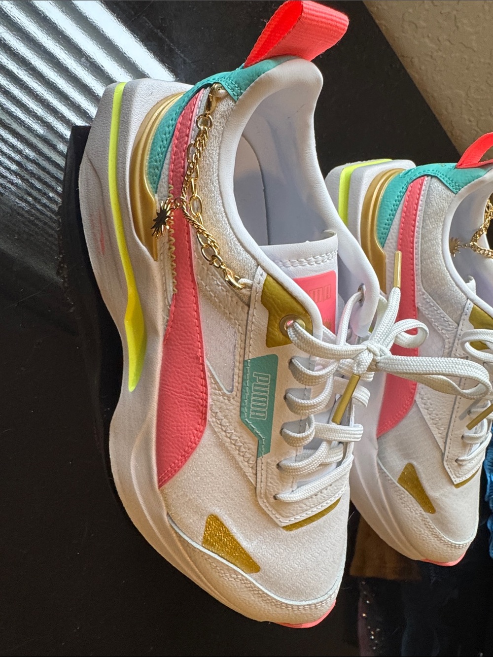 Puma White Sneakers with Coral, Teal & Gold Accents